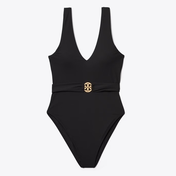 Tory Burch Other - NWT TORY BURCH Miller plunge one piece slimming black swim suit logo gold sexy